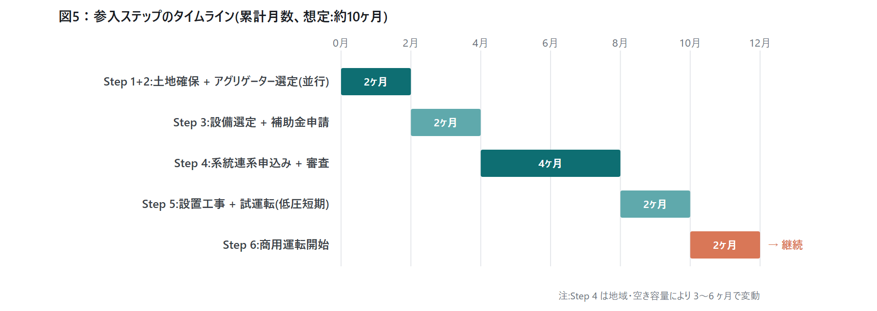 図5：参入ステップのタイムライン(累計月数、想定:約10ヶ月)